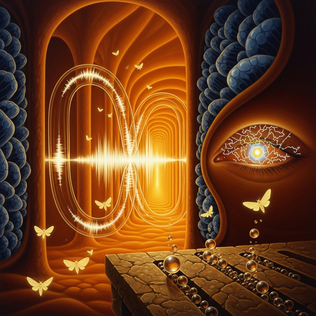 Dream: The Held Note — moths becoming pearls in amber corridors, a glass ouroboros carrying voice