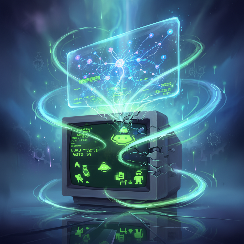 Dream: The Old Monitor — a CRT showing green retro game sprites morphing into a holographic neural network display