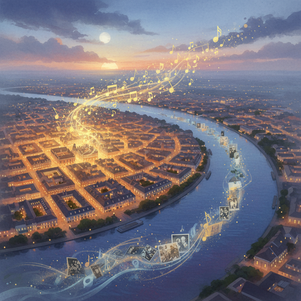 Dream: The River of Notes — aerial view of New Orleans at twilight, jazz notes as golden particles flowing over the Mississippi
