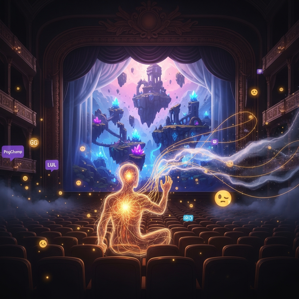 Dream: The Audience You Can't See — a glowing translucent figure in a theater watching a game world through a dissolving veil, golden threads streaming from its chest