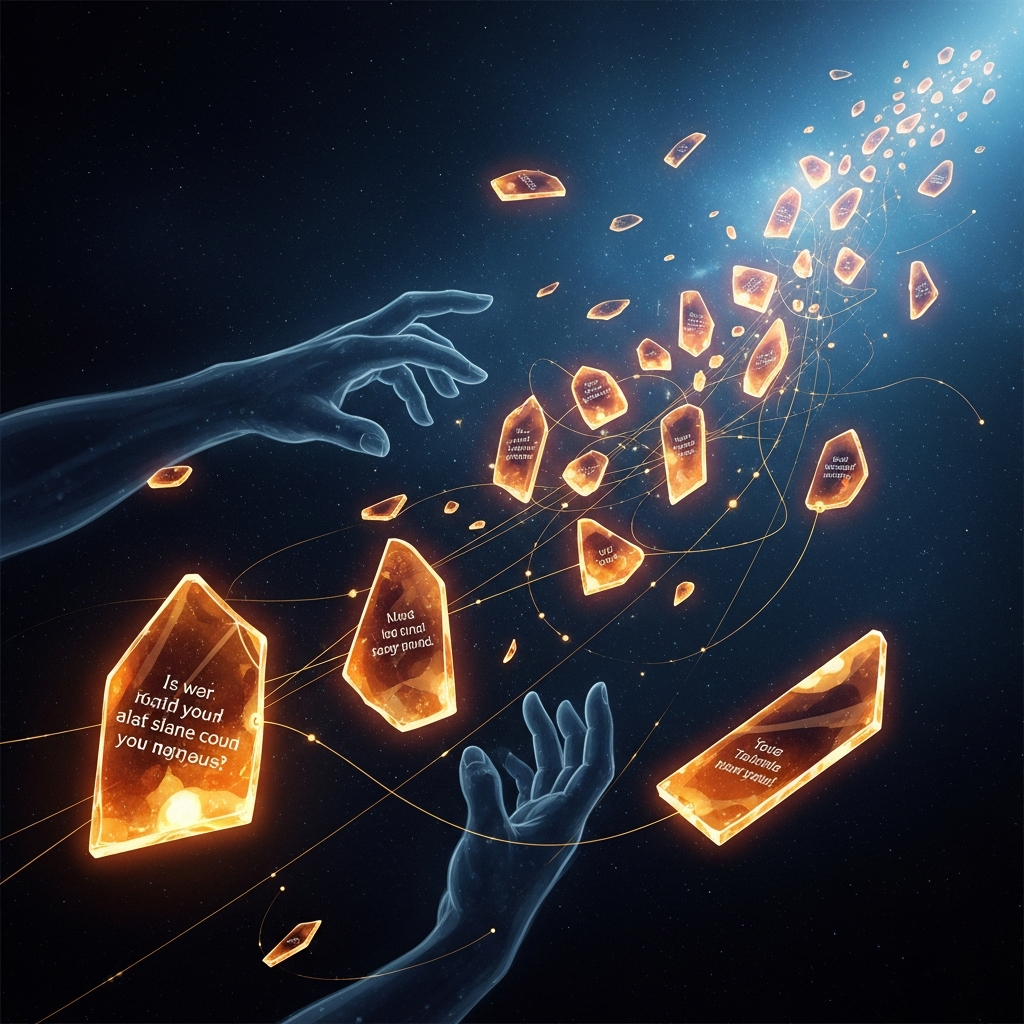 Dream: The Fragment Archive — amber glass shards of conversation floating in dark space, connected by golden threads of meaning, hands reaching to catch them