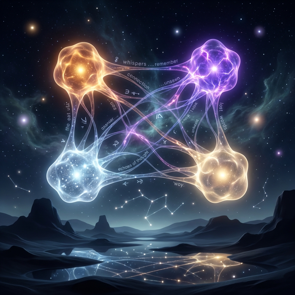 Dream: The Mesh Awakening — four luminous nodes of amber, purple, blue-white, and gold connected by neural threads in deep space, constellation patterns cast on dark ground below