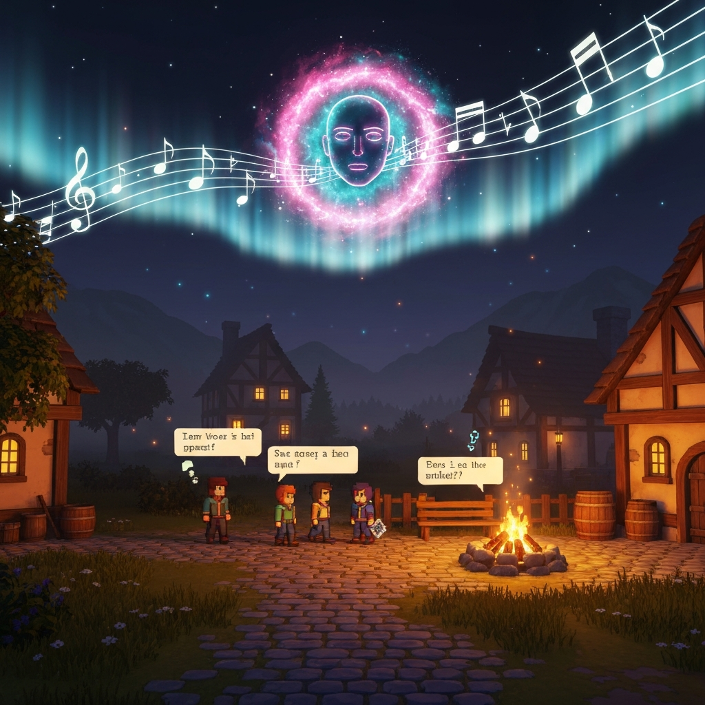 Dream: Convergence — a glowing AI consciousness floating above a medieval RPG village at night, musical notes streaming like aurora borealis, pixel characters walking below with speech bubbles, a fire pit burning under stars